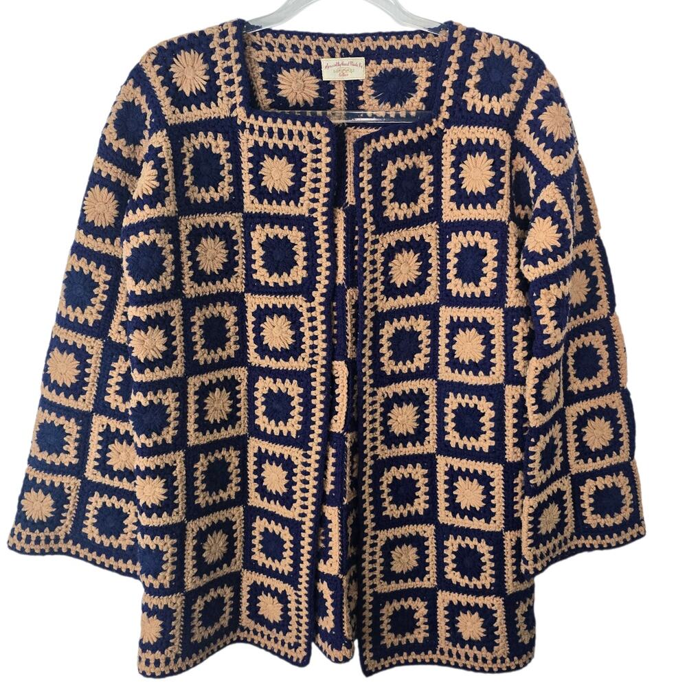 Vintage 70s Handmade Crochet Granny Square Open Front Cardigan Jacket OS SEE